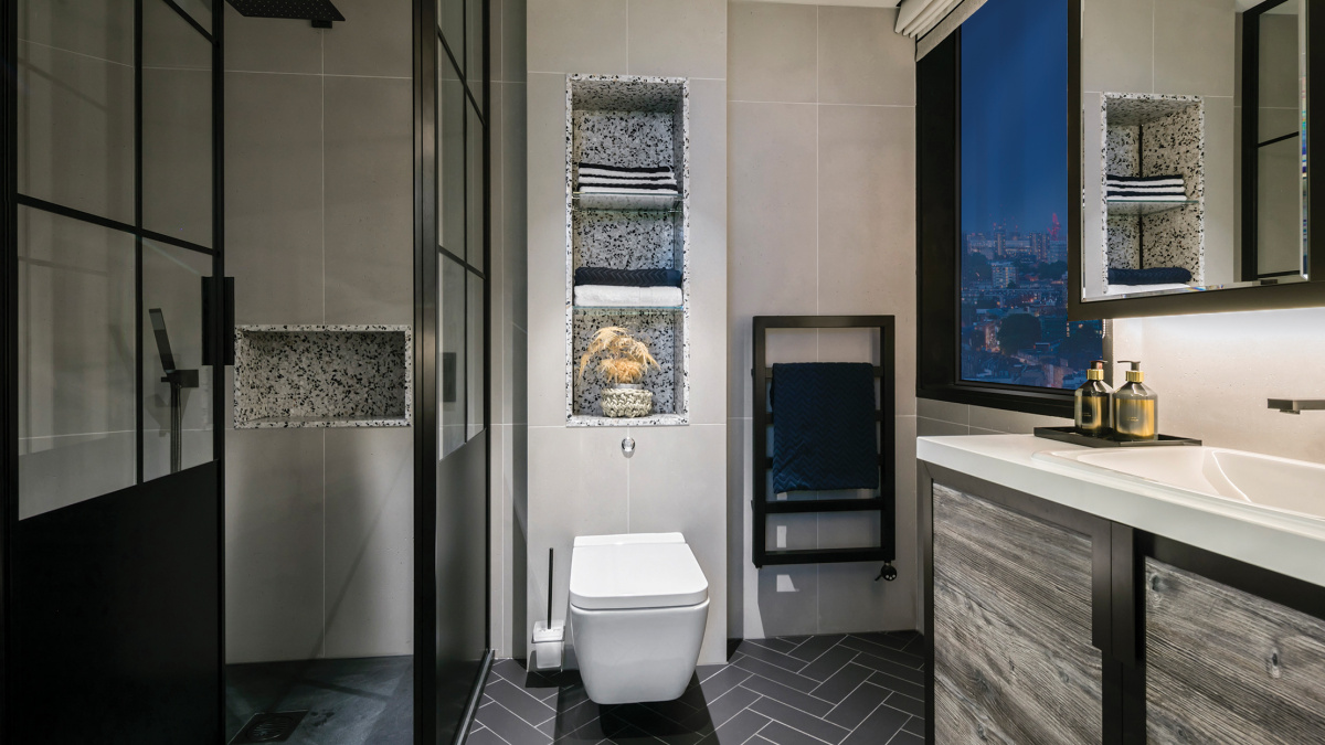 Shower room at The Stage; image intended for illustrative purposes only, ©Galliard Homes.