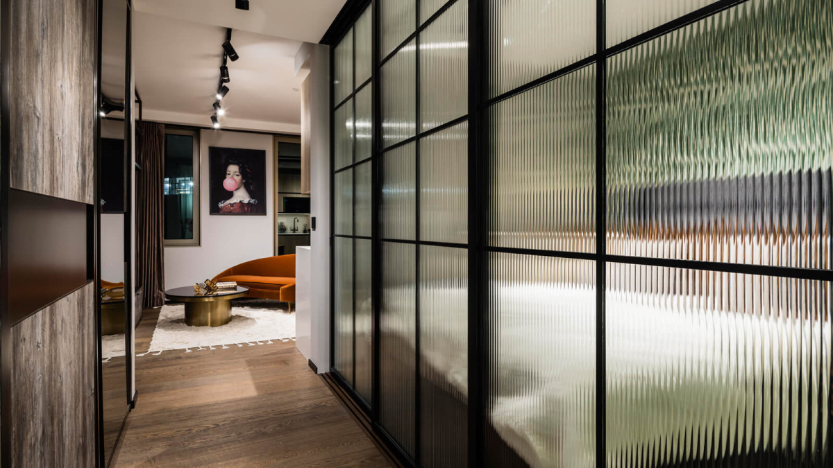 Hallway and bedroom in a studio suite at The Stage, ©Galliard Homes.