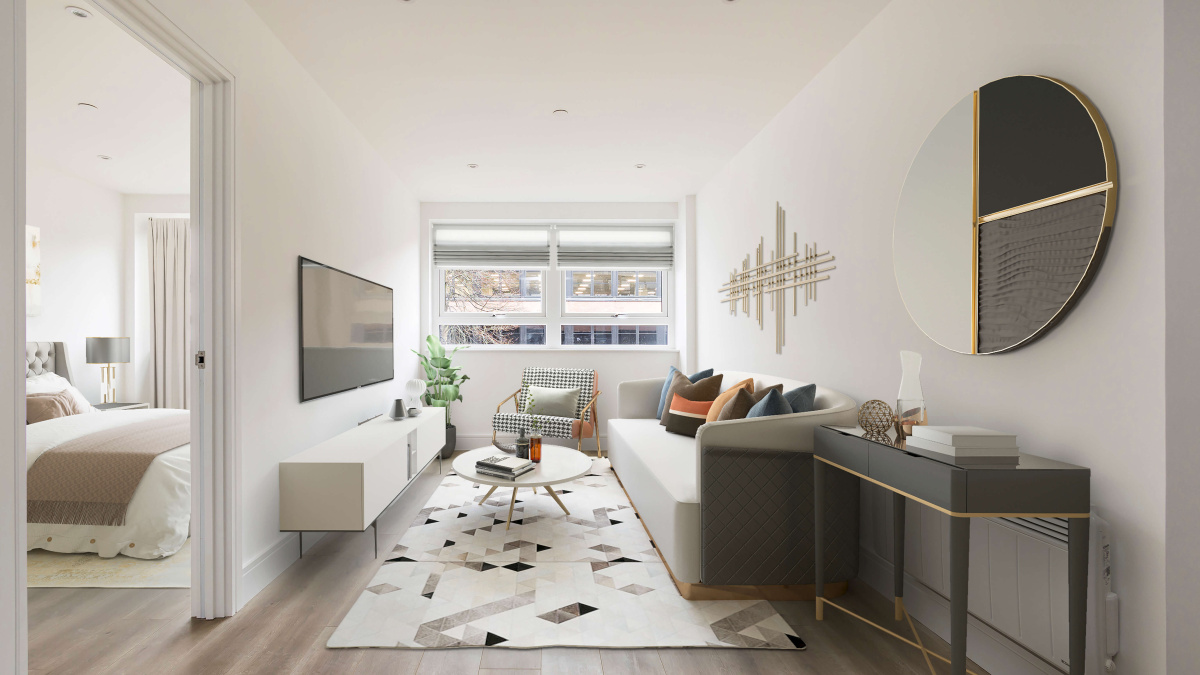 Living area in a Newacre House apartment, computer generated image intended for illustrative use only, ©Galliard Homes.
