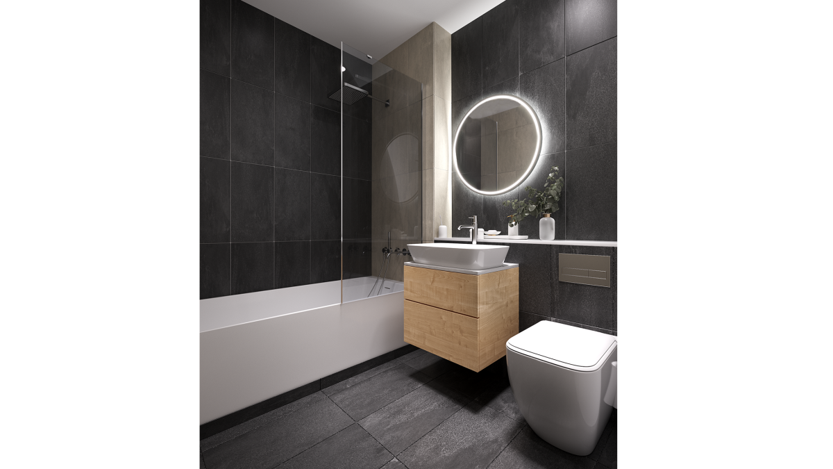 Bathroom area in a Newacre House apartment, computer generated image intended for illustrative use only, ©Galliard Homes.