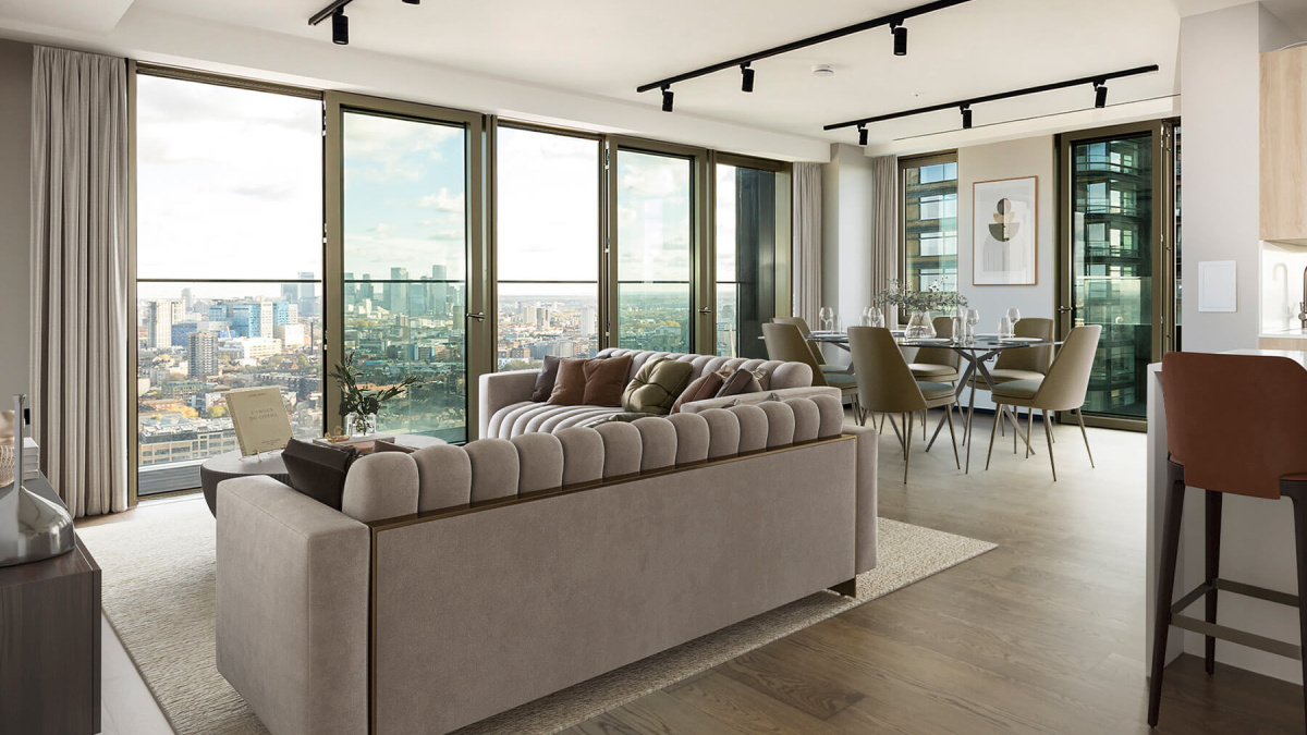 Living area at The Stage, furniture superimposed for illustrative purposes only, ©Galliard Homes.