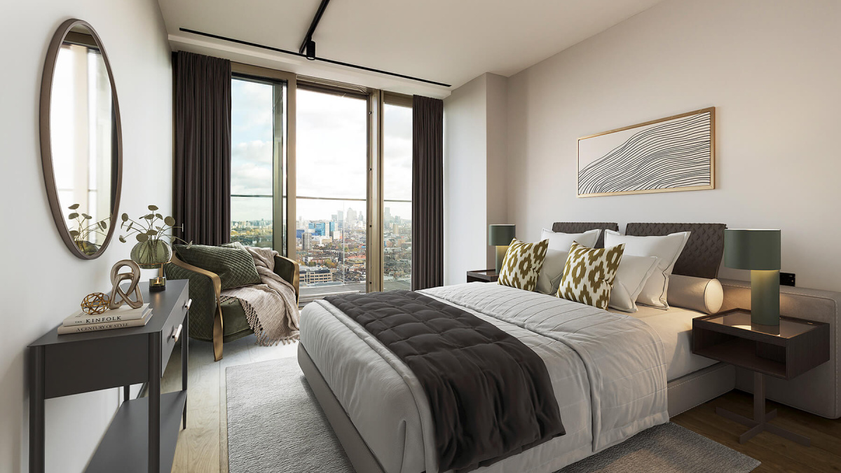 Second bedroom at The Stage, furniture superimposed for illustrative purposes only, ©Galliard Homes.