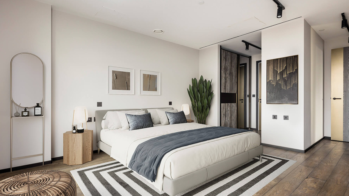 Principal bedroom at The Stage, furniture superimposed for illustrative purposes only, ©Galliard Homes.