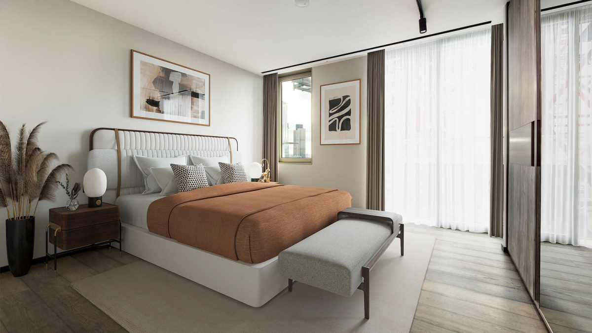 Principal Bedroom at 2411 The Stage, furniture superimposed for illustrative purposes only, ©Galliard Homes.