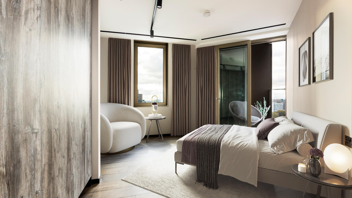 Second bedroom with balcony at 2411 The Stage, furniture superimposed for illustrative purposes only, ©Galliard Homes.