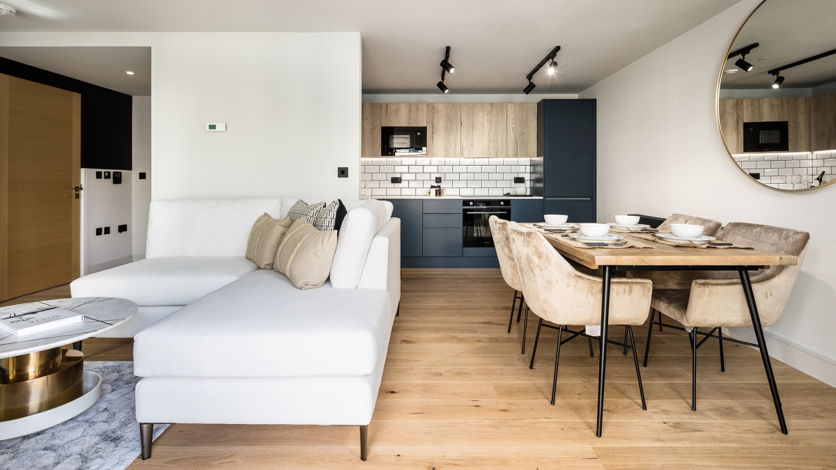 Open-plan kitchen, living and dining area at Newham’s Yard at Tower Bridge Road; ©Acorn Property Group.
