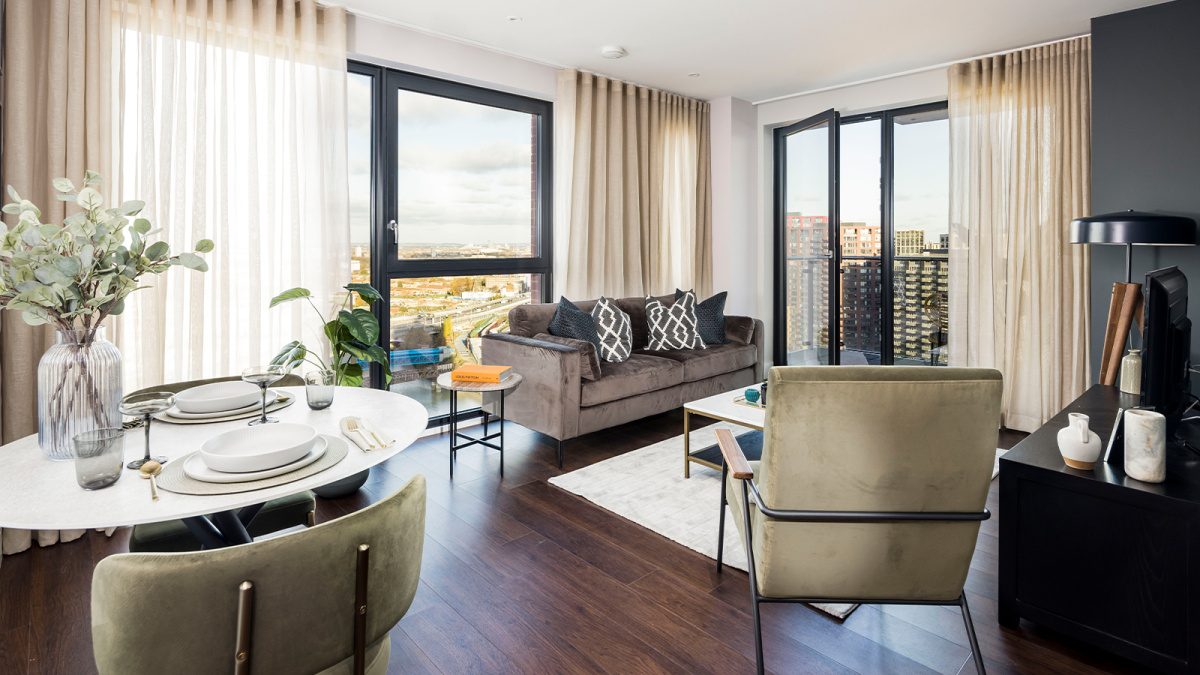 Open-plan living at an Orchard Wharf apartment, ©Galliard Homes.