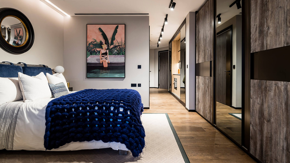 Bedroom and hallway at Apartment 1902 The Stage, ©Galliard Homes.
