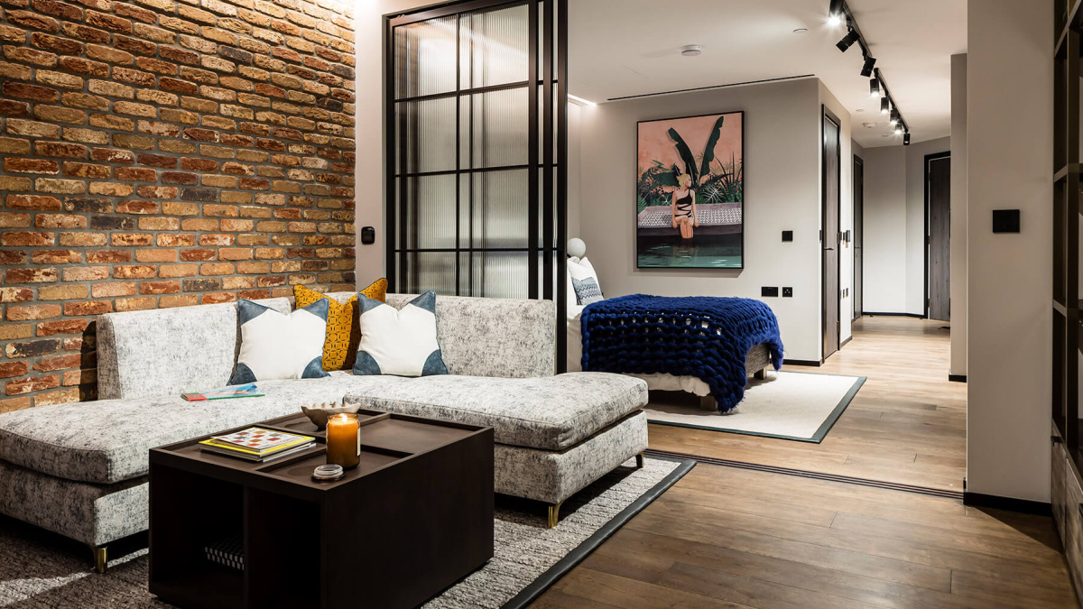 Open-plan living and bedroom areas at Apartment 1902 The Stage, ©Galliard Homes.