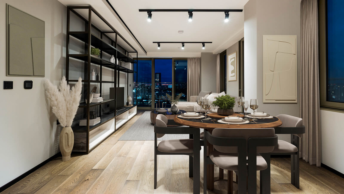 Living and dining room at Apartment 1412 The Stage, furniture superimposed for illustrative purposes only, ©Galliard Homes.