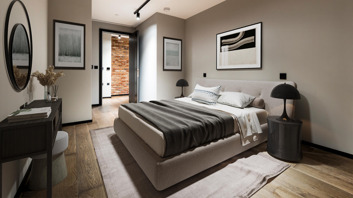 Second bedroom at Apartment 1412 The Stage, furniture superimposed for illustrative purposes only, ©Galliard Homes.