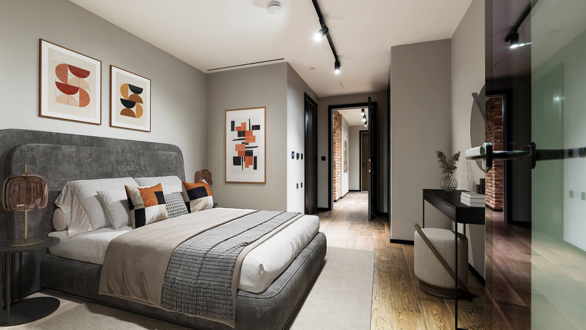 Principal bedroom at Apartment 1412 The Stage, furniture superimposed for illustrative purposes only, ©Galliard Homes.