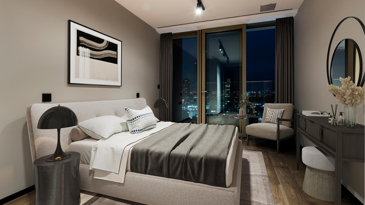 Second bedroom with balcony at Apartment 1412 The Stage, furnishings superimposed for illustrative purposes only, ©Galliard Homes.