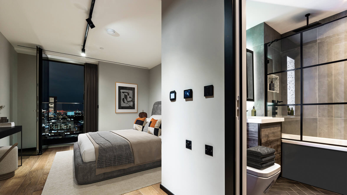 Principal bedroom, balcony and ensuite at Apartment 1412 The Stage, furniture superimposed for illustrative purposes only, ©Galliard Homes.
