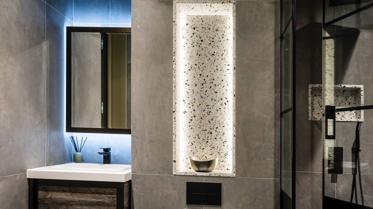 Shower room of a one-bedroom apartment at The Stage, ©Galliard Homes.