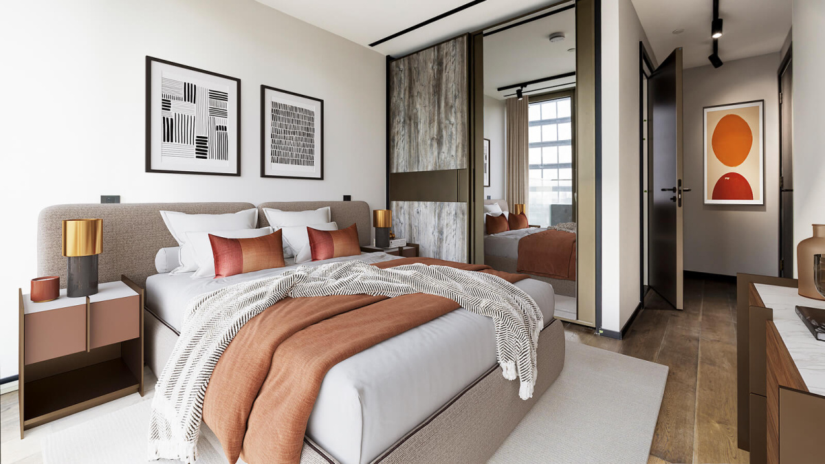 Principal bedroom at a two-bedroom apartment at The Stage, furniture superimposed for illustrative purposes only, ©Galliard Homes.
