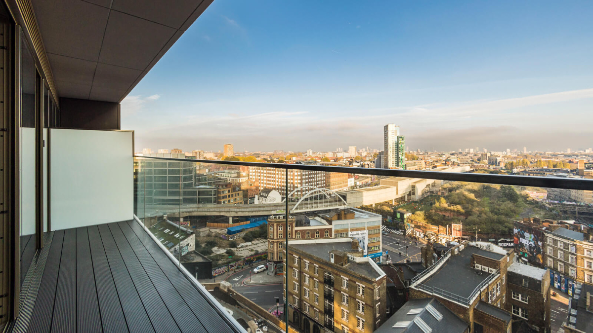 Terrace with view from a two-bedroom apartment at The Stage, ©Galliard Homes.