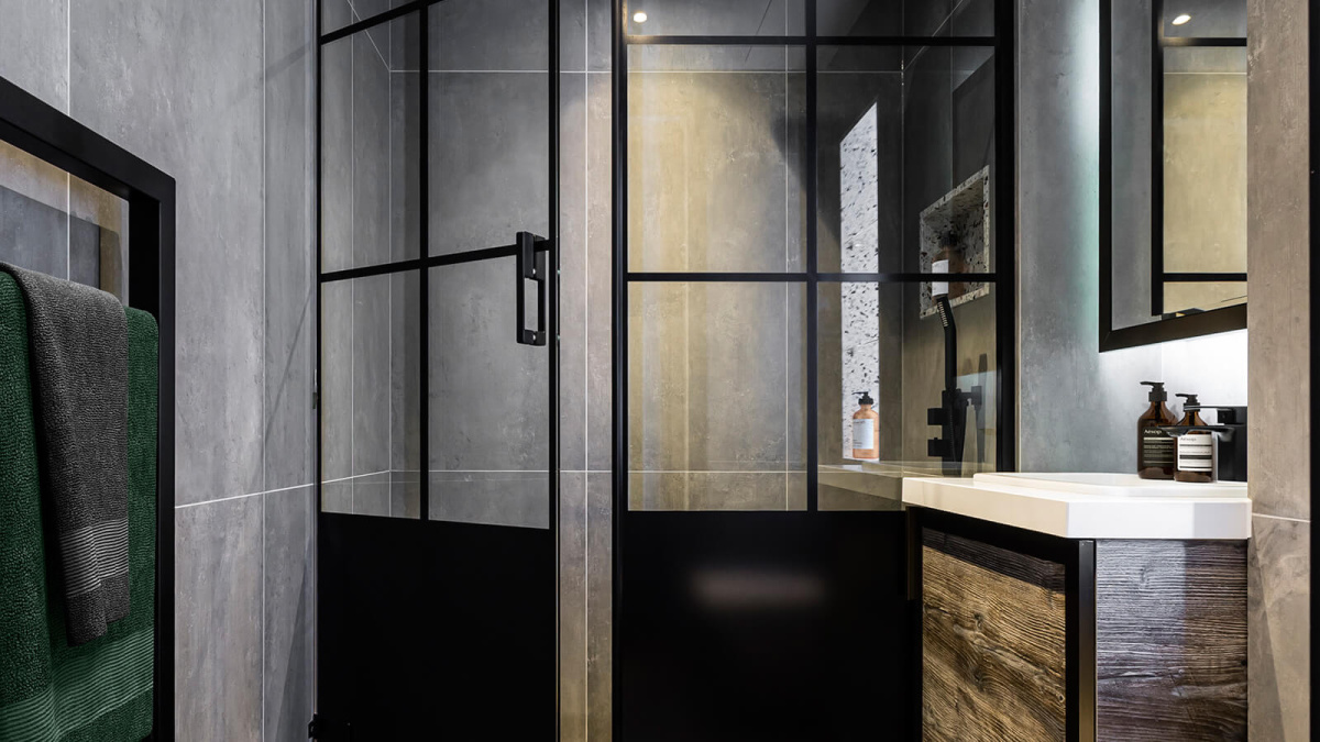 Ensuite shower room at a two-bedroom apartment at The Stage, furnishings superimposed for illustrative purposes only, ©Galliard Homes.