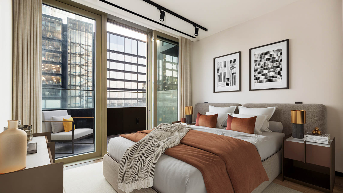 Principal bedroom and balcony at a two-bedroom apartment at The Stage, furniture superimposed for illustrative purposes only, ©Galliard Homes.