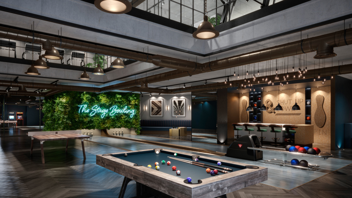 The bowling lanes and games lounge at The Stage, computer generated image intended for illustrative purposes only, ©Galliard Homes.