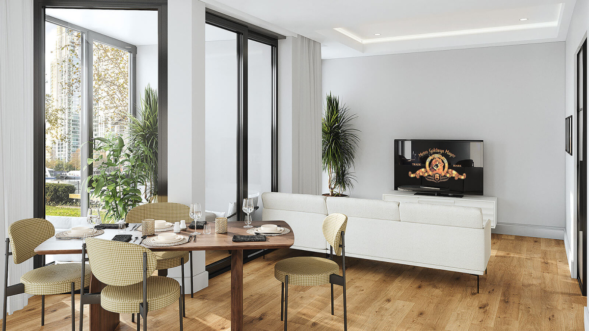Living and dining area at an Arena Quayside duplex apartment, computer generated image for illustrative use only, ©Galliard Homes.