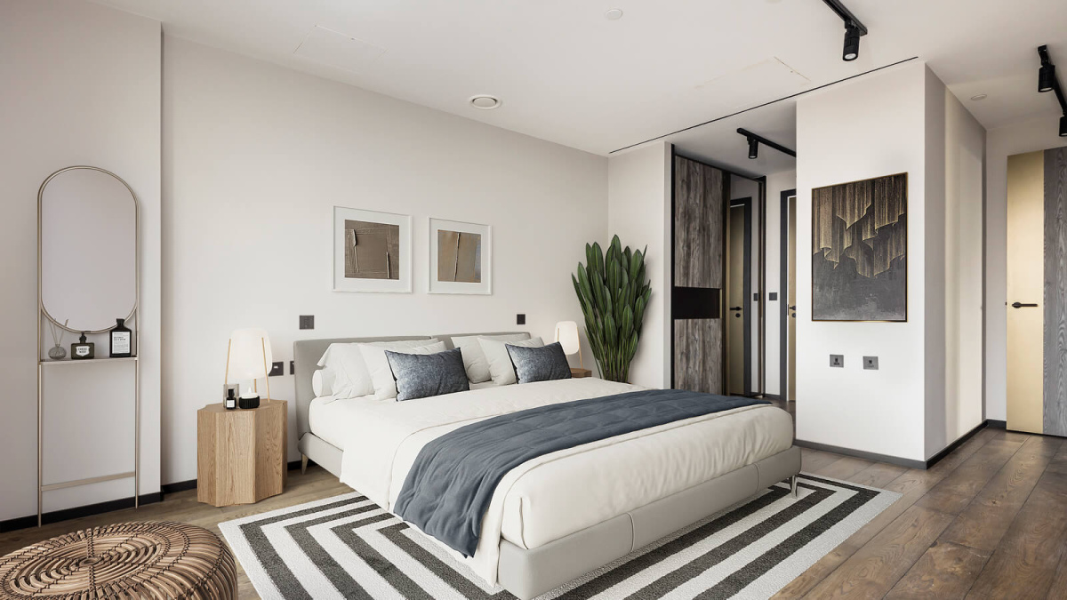 Principal bedroom at Apartment 2906 The Stage, furniture superimposed for illustrative purposes only, ©Galliard Homes.