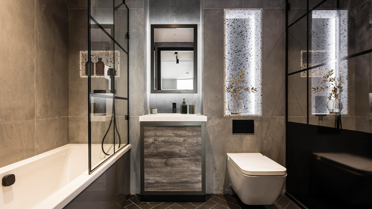 Ensuite with bath and shower at Apartment 2906 The Stage, furniture superimposed for illustrative purposes only, ©Galliard Homes.