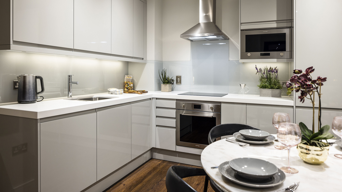 Kitchen area at an Orchard Wharf apartment, ©Galliard Homes.