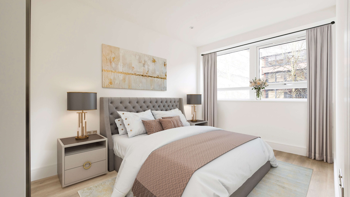 Bedroom area in a Newacre House apartment, computer generated image intended for illustrative use only, ©Galliard Homes.