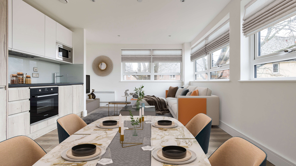 Kitchen, living area in a Newacre House apartment, computer generated image intended for illustrative use only, ©Galliard Homes.