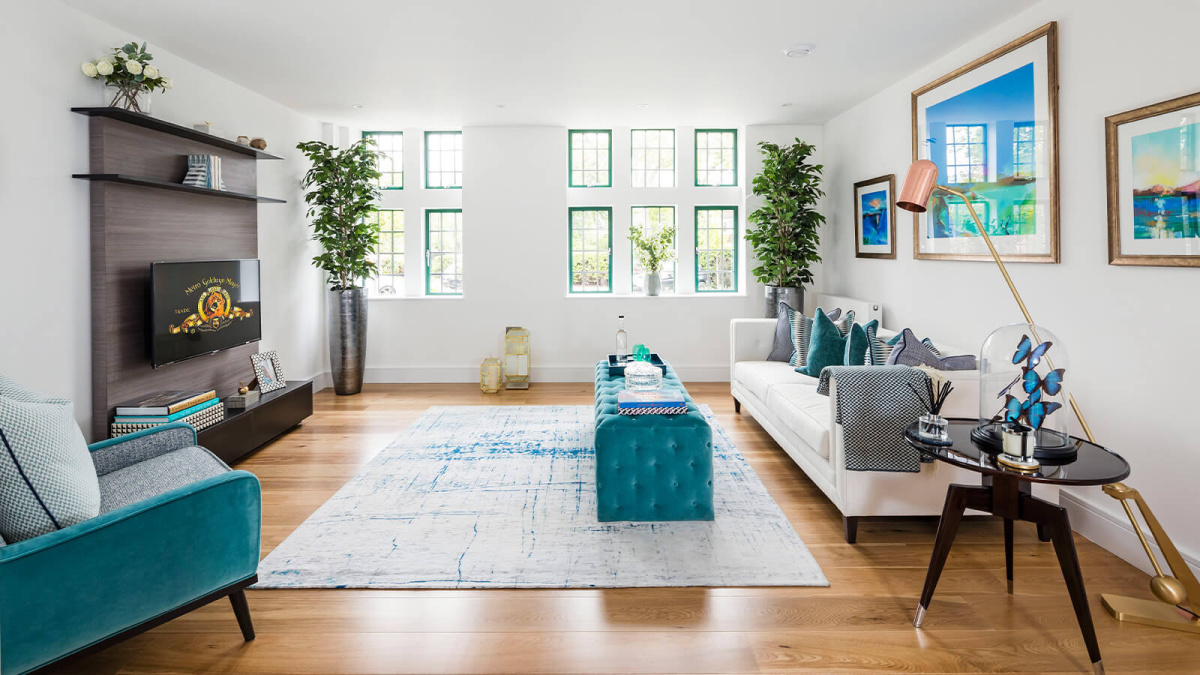 Living area at Crescent House ©Galliard Homes.