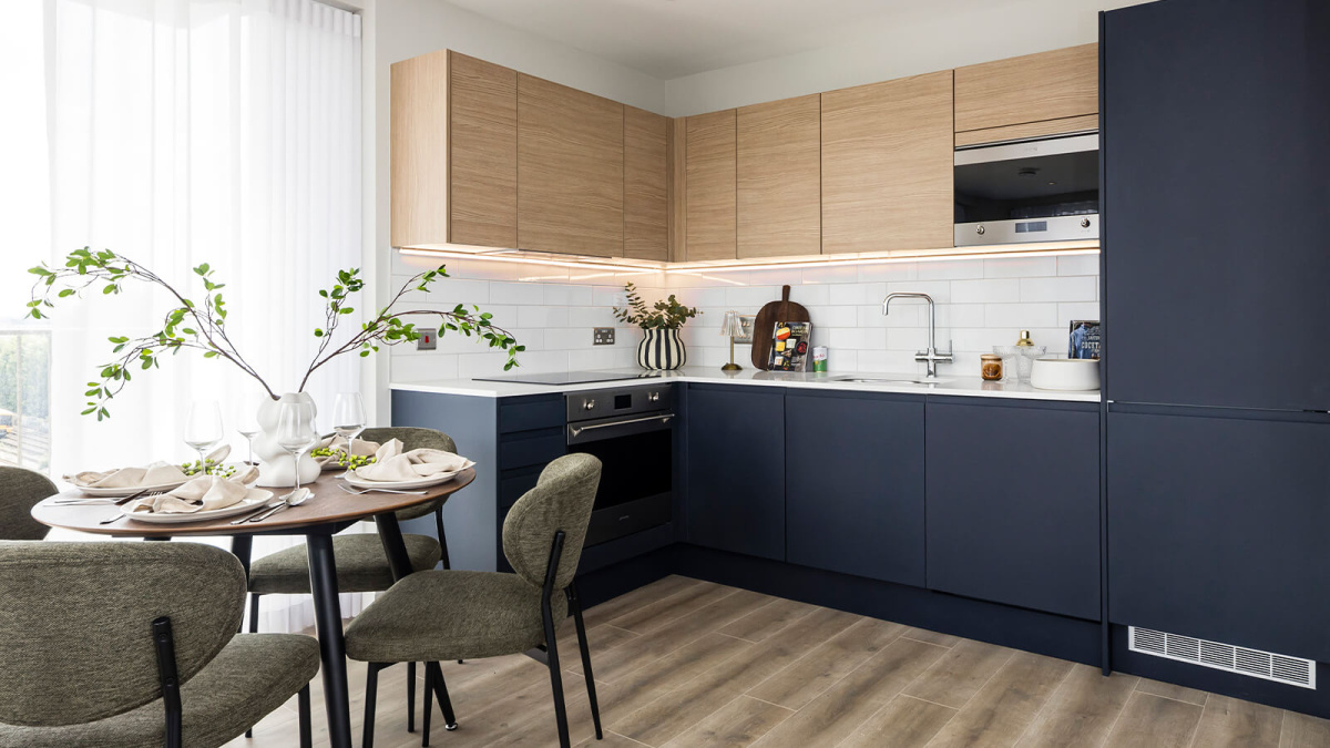 Kitchen area at Neptune Wharf ©Galliard Homes. Kitchen area at Neptune Wharf ©Galliard Homes.