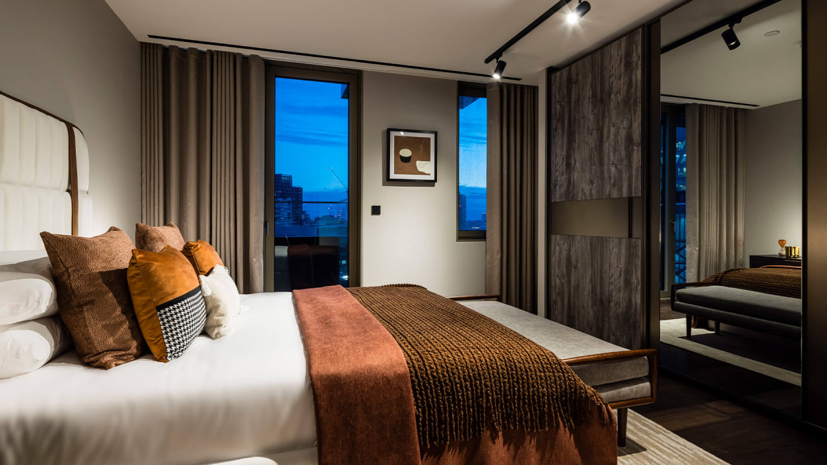 Principal bedroom of a two-bedroom apartment at The Stage, ©Galliard Homes.