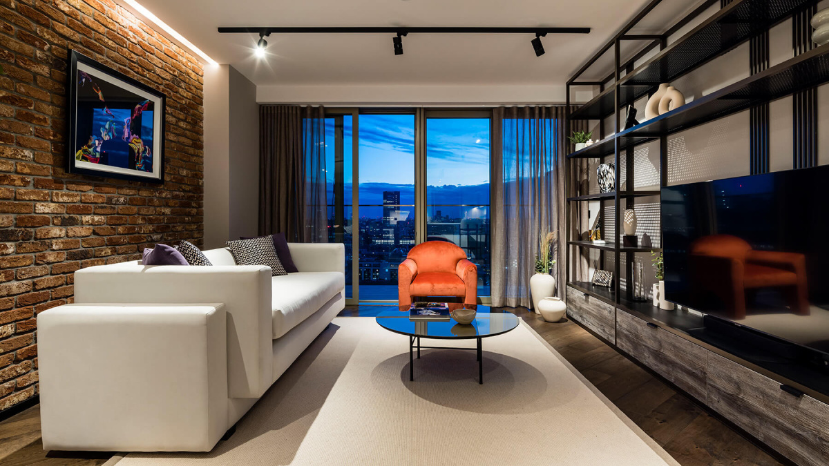 Living room of a two-bedroom apartment at The Stage, ©Galliard Homes.
