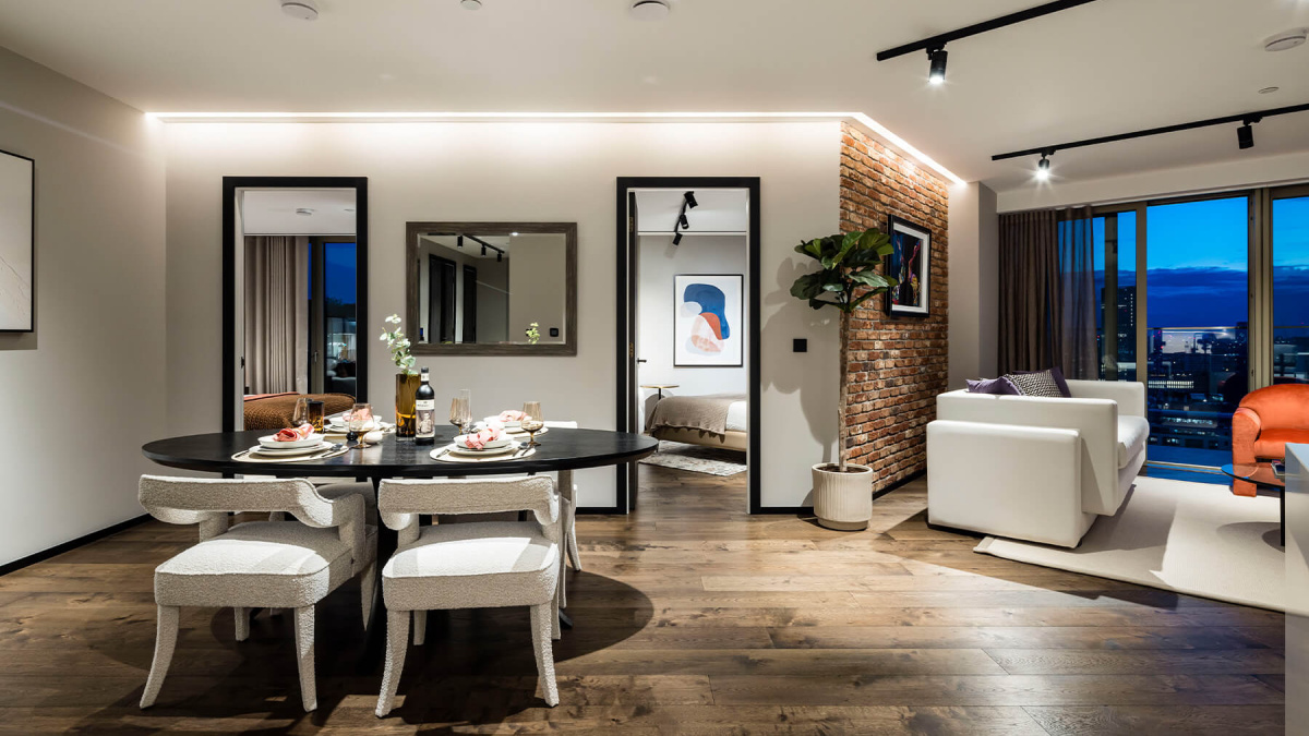 Living room of a two-bedroom apartment at The Stage, ©Galliard Homes.