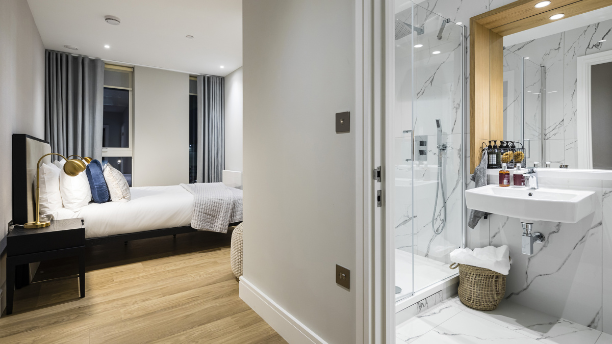 Bedroom at a Wimbledon Grounds apartment, ©Galliard Homes.