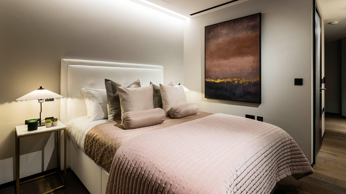 Bedroom area in a studio suite at The Stage, ©Galliard Homes.