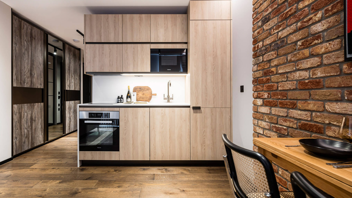 Kitchen in a studio suite at The Stage, ©Galliard Homes.