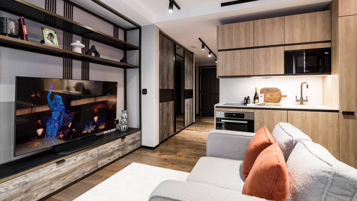 Open-plan living area in a studio suite at The Stage, ©Galliard Homes.