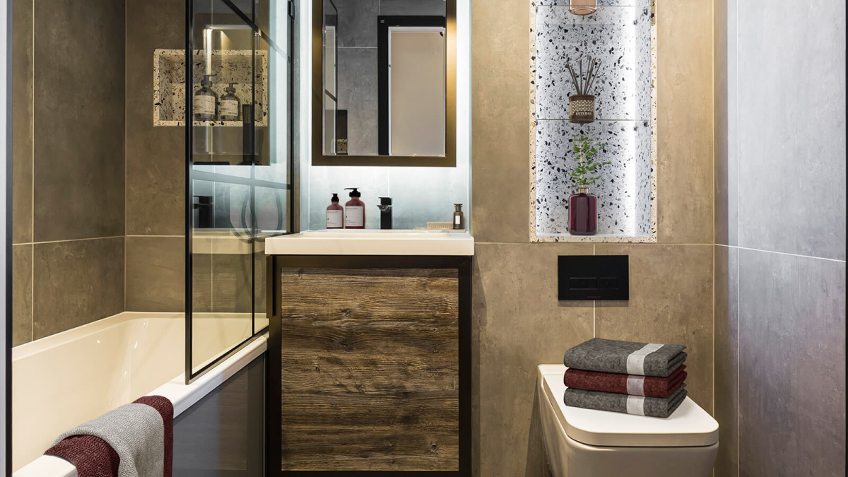 Bathroom of a three-bedroom apartment at The Stage, furnishings superimposed for illustrative purposes only, ©Galliard Homes.