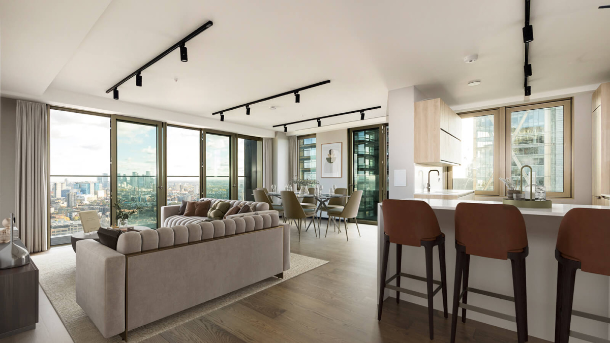 Reception room of a three-bedroom apartment at The Stage, furniture superimposed for illustrative purposes only, ©Galliard Homes.