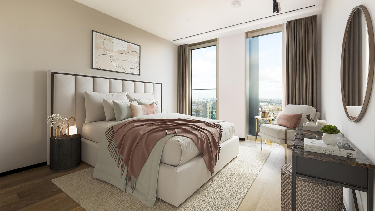 Principal bedroom of a three-bedroom apartment at The Stage, furniture superimposed for illustrative purposes only, ©Galliard Homes.