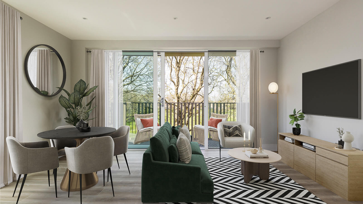 Living and dining area in a Park Avenue Place apartment, computer generated image intended for illustrative use only, ©Galliard Homes.