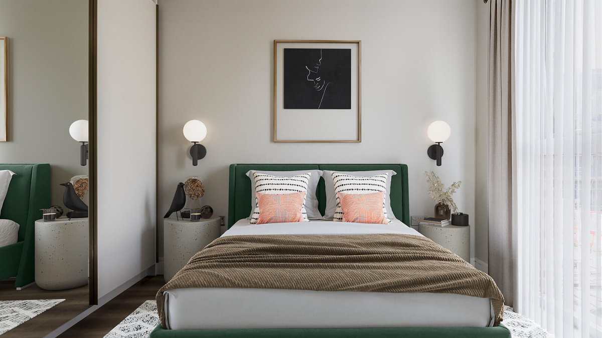 Bedroom in a Park Avenue Place apartment, computer generated image intended for illustrative use only, ©Galliard Homes.