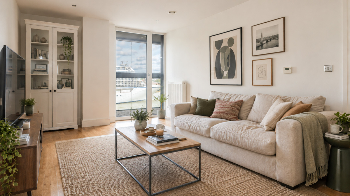 Living area of this apartment at New Capital Quay