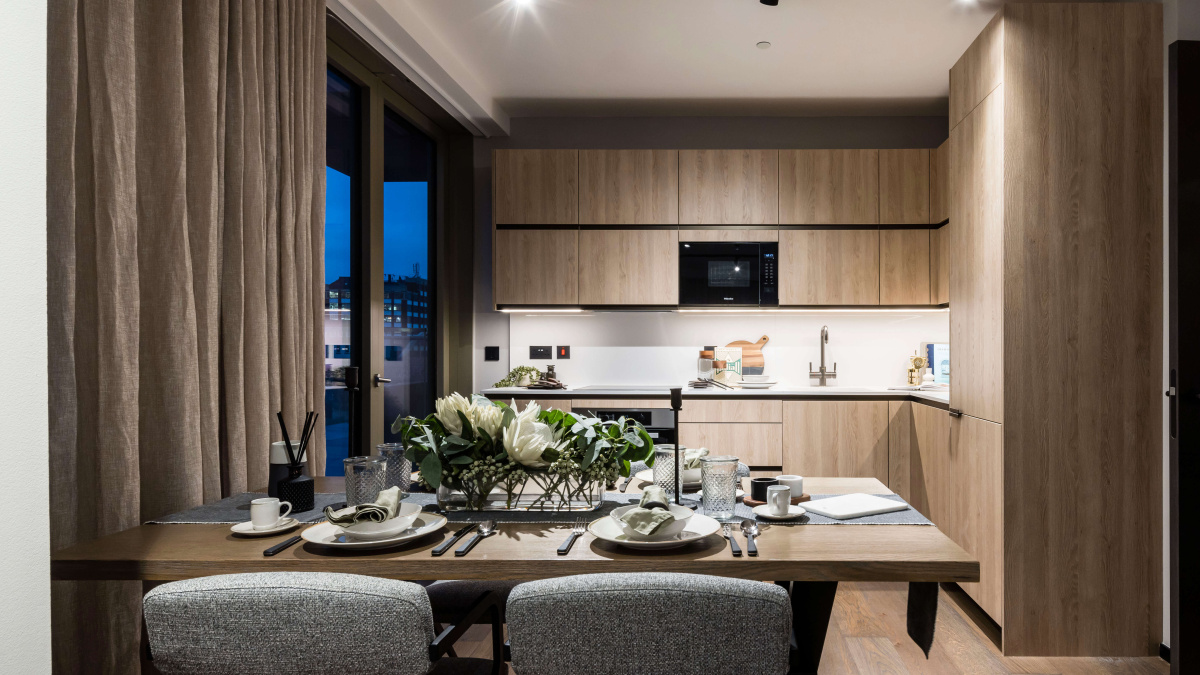 Open-plan kitchen, living and dining area at The Stage ©Galliard Homes.