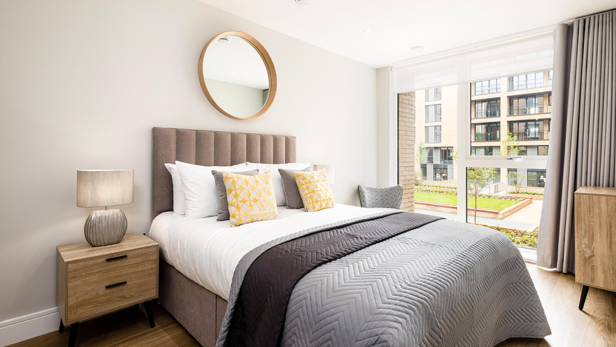 Bedroom at a Wimbledon Grounds duplex, ©Galliard Homes
