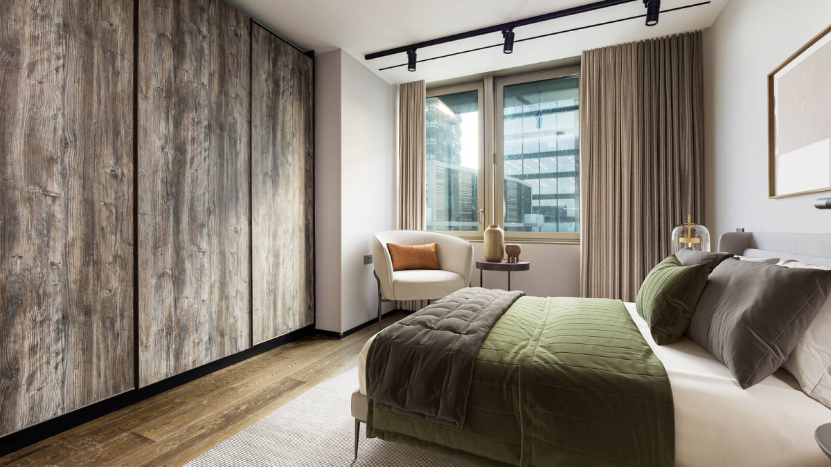 Second bedroom at Apartment 1104 The Stage, furniture superimposed for illustrative purposes only, ©Galliard Homes.