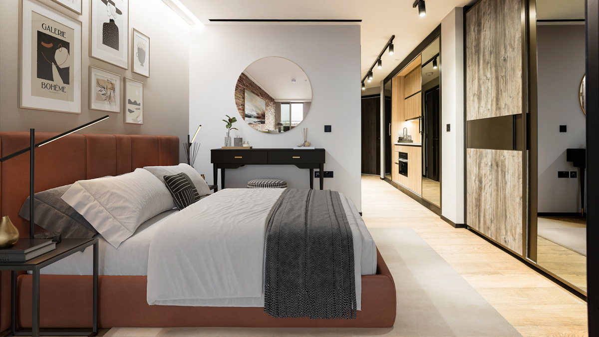 Bedroom and hallway at Apartment 810 The Stage, furniture superimposed for illustrative purposes only, ©Galliard Homes.