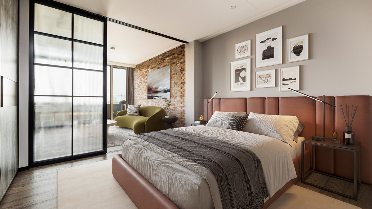 Bedroom at Apartment 810 The Stage, furniture superimposed for illustrative purposes only, ©Galliard Homes.